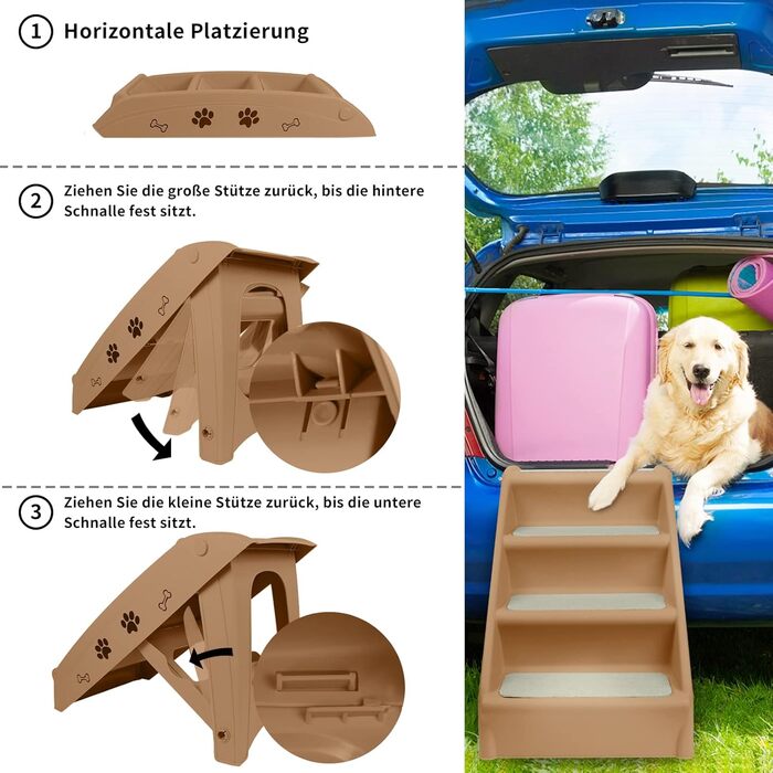 Сходинки для тварин Froadp: 4 сходинки, складані, для собак та котів, 60 см, з неслизькими сходинками, PP-пластик (колір: коричневий)