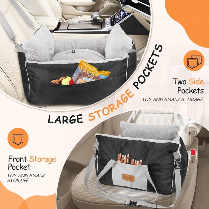 Автокрісло для собак Nobleza - зручне ліжко для маленьких собак з кишенями та змінним матрацом, 58x56x33 см (бавовна, плюш, пластик/метал)