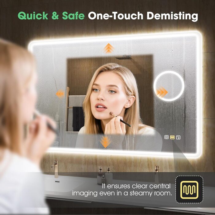 Дзеркало для ванної кімнати S'bagno з підсвічуванням 80x60 см, LED, Bluetooth, протитуманне покриття, 3 кольори, регулювання яскравості, пам'ять, загартоване скло, IP44, горизонтальне/вертикальне встановлення