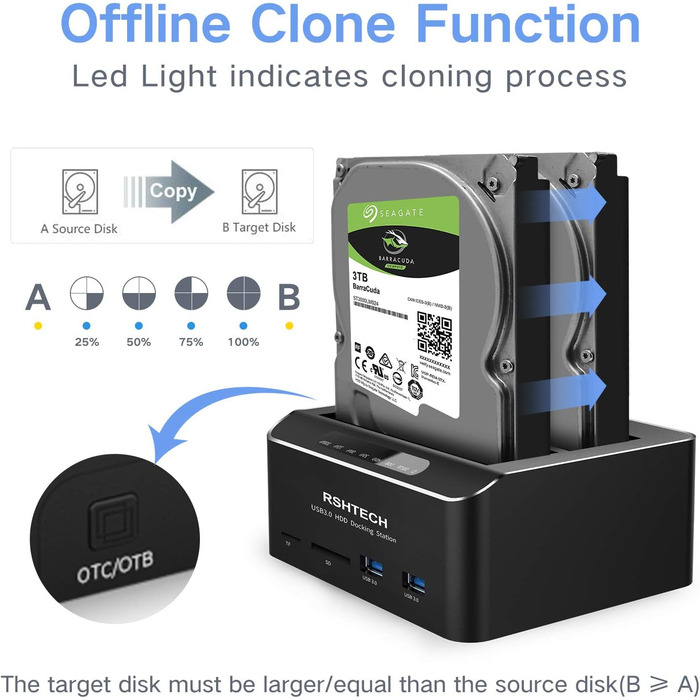 Док-станція для жорстких дисків RSHTECH з двома відсіками, USB 3.0, алюміній, підтримка 2.5/3.5