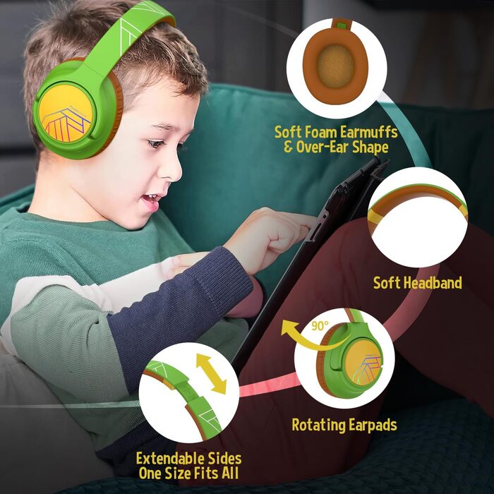 Дитячі навушники PowerLocus Bobo Bluetooth з LED-підсвічуванням та обмеженням гучності, Over-Ear, з мікрофоном для дітей, сумісні з телефоном/планшетом, для подорожей