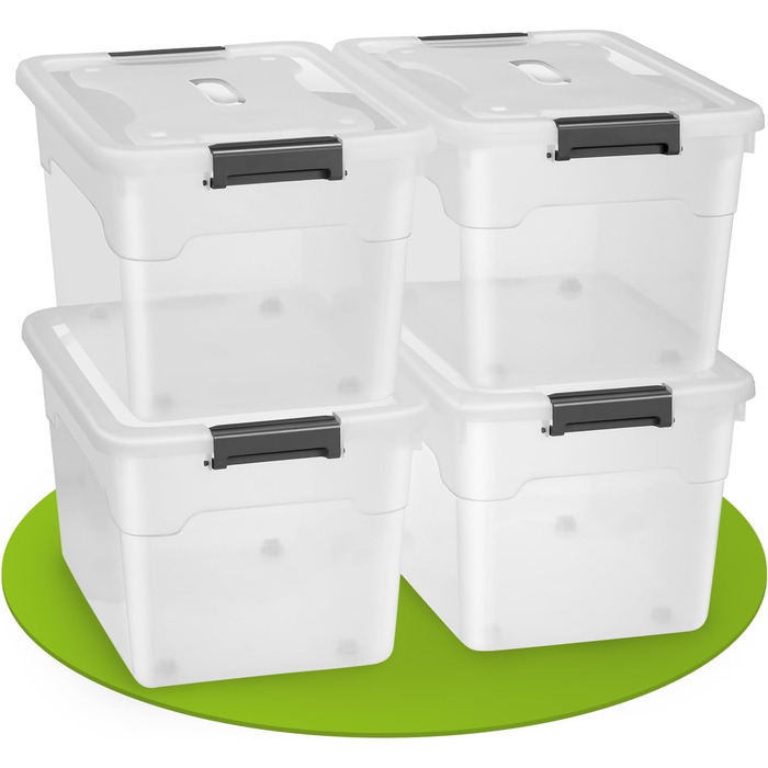 JUSKYS Storage Box with Lid - Set of 4 Plastic Boxes 45L - Large Box, Stackable, Transparent - Storage Organization System Storage Boxes