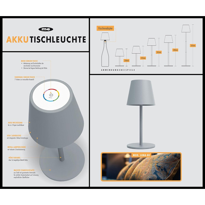 Набір LED-лампа на акумуляторі LUNA-80-W (3 шт.), диммування, бездротове живлення, сенсорне керування, 7 кольорів, регулювання висоти, 5200mAh, до 72 год роботи