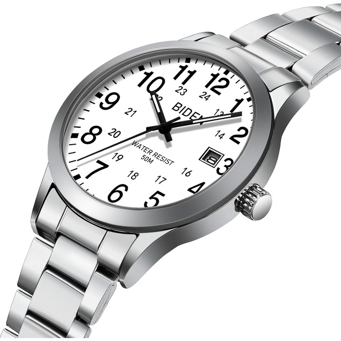 Годинник чоловічий LENQIN з нержавіючої сталі, аналоговий кварцовий годинник на зап'ясті, водонепроникний 30M, стильний повсякденний годинник для чоловіків (срібно-білий)