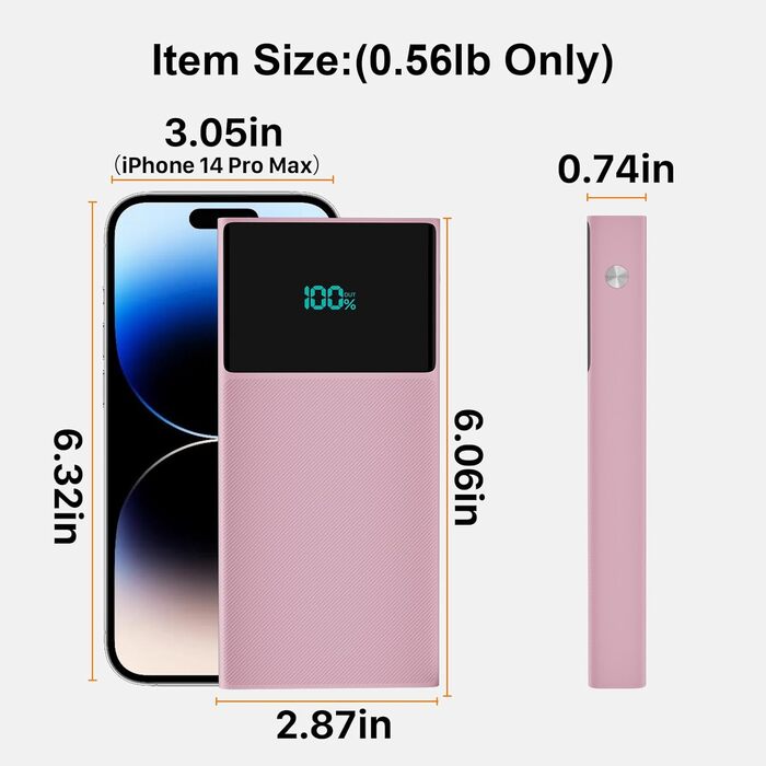 Портативний зарядний пристрій Power Bank 13000mAh з 2 вбудованими кабелями, LED-дисплеєм, рожевий