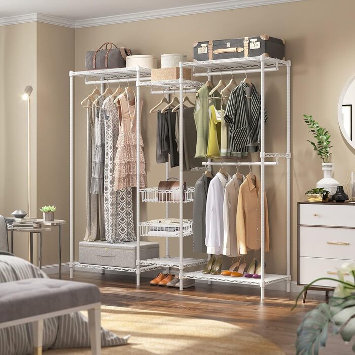 Heavy-Duty Clothes Rack, Clothes Rod, Wardrobe, Freestanding Clothes Rail with Height-Adjustable Shelves and Storage Baskets, Load Capacity up to 320 kg, White