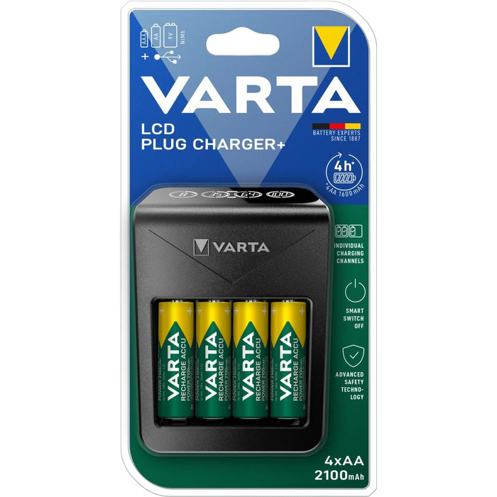Зарядний пристрій VARTA для акумуляторів AA/AAA, до 8 акумуляторів, LCD Plug Charger+ (одинарний відсік)