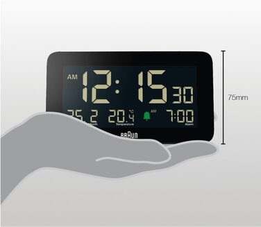 Braun Digital Alarm Clock with Date, Month, and Temperature Display, Negative LCD Display, Quick Set Function, and Gradual Alarm Sound in Black, Model BC10B.