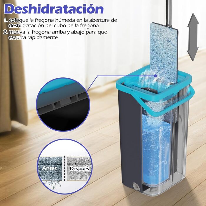 Набір для миття підлоги Wischmopp з відром, мікрофібра, віджимний механізм, 2 в 1, регульована ручка, 6 мікрофібрових насадок, сірий + блакитний