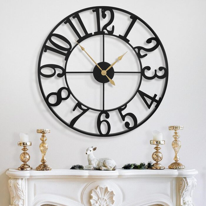 HAITANG Large Vintage Wall Clock, round, metal silent (no ticking), battery-powered, 40cm, 16 inch Roman numerals, clocks for living room, bedroom, kitchen wall decor (Black Arabic numerals, 80 cm)