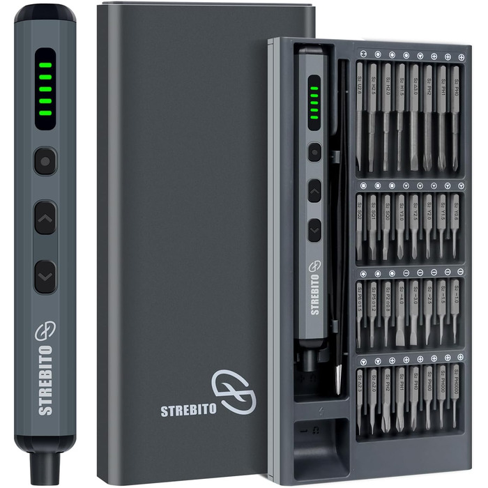 Міні-шуруповерт STREBITO 70-в-1: комплект з 64 бітами, 5 режимів крутного моменту, LED-підсвічуванням, сірий