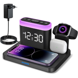 Зарядна станція 5 в 1 з будильником, нічниками та бездротовим зарядним пристроєм для iPhone, Apple Watch, AirPods та Samsung