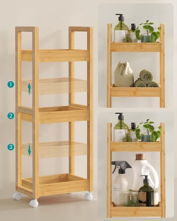 SONGMICS Rolling Cart, Bathroom Shelf, 3-Tier Bathroom Organizer, Bamboo Nook Shelf, Narrow Shelf, Rolling Utility Cart, Space-Saving, 20 x 30 x 80 cm, White BCB083W01 (Natural Beige)