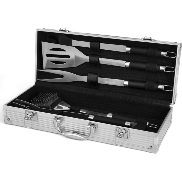 Набір гриль-посуду Lehmann з нержавіючої сталі в кейсі | Комплект аксесуарів для гриля з лопаткою, виделкою та щипцями | Ідеальний подарунок для чоловіків та жінок