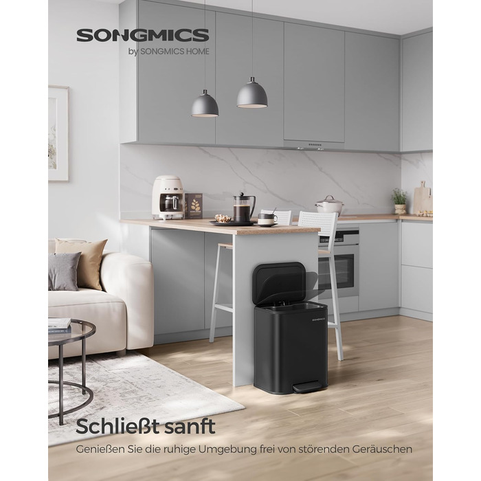 Відро для сміття SONGMICS 20 л з кришкою, з педаллю, нержавіюча сталь, Soft-Close, з внутрішнім відром, антиковзне педаль, хмарно-білий LTB542W02 (Чорний)
