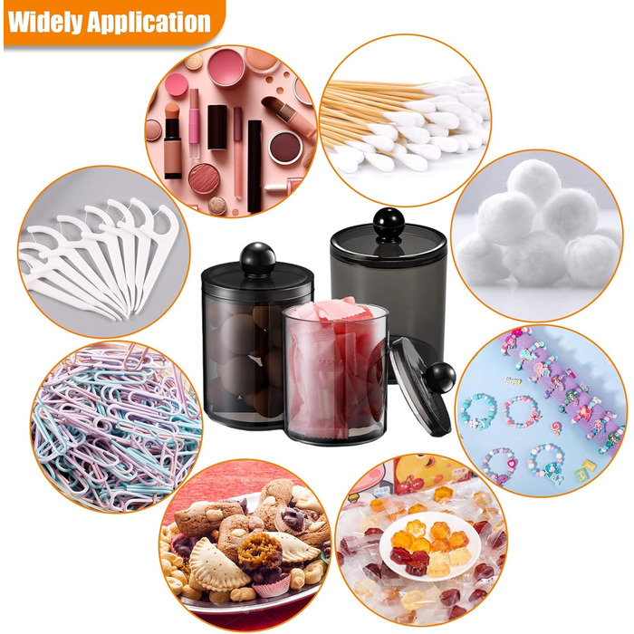 Організатор для ватних паличок та косметики з кришкою (3 шт.) - прозорий чорний контейнер для ватних дисків, зубної нитки, спонжів для макіяжу та аксесуарів для волосся