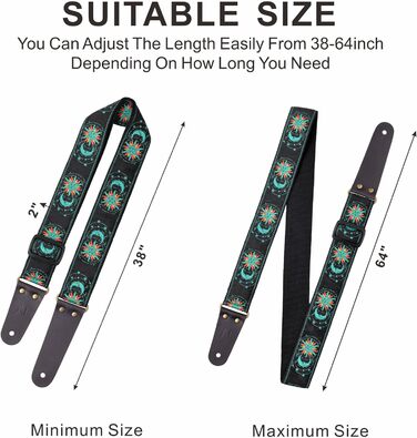Гітарний ремінь Nefelibata, вишитий бавовняний ремінь з шкіряними кінцями, для бас-гітари, електро- та акустичної гітари, безкоштовний фіксатор, 1 пара замків, 4 шт. (Зелене сонце та місяць)