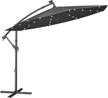 SONGMICS Patio Umbrella with LED Solar Lighting, Market Umbrella 300 cm Diameter, 32 LED Lights, with Stand, Sun Protection Balcony, Balcony Umbrella, UPF 50+, with Crank, for Terrace, Garden, Grey GPU118G01