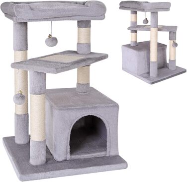 Котячий будиночок Lionto з лежанкою та печерею, 75 см, з сизалевого мотузка та плюшу, 2 м'ячики з дзвіночками, для кошенят та дорослих котів, сірий