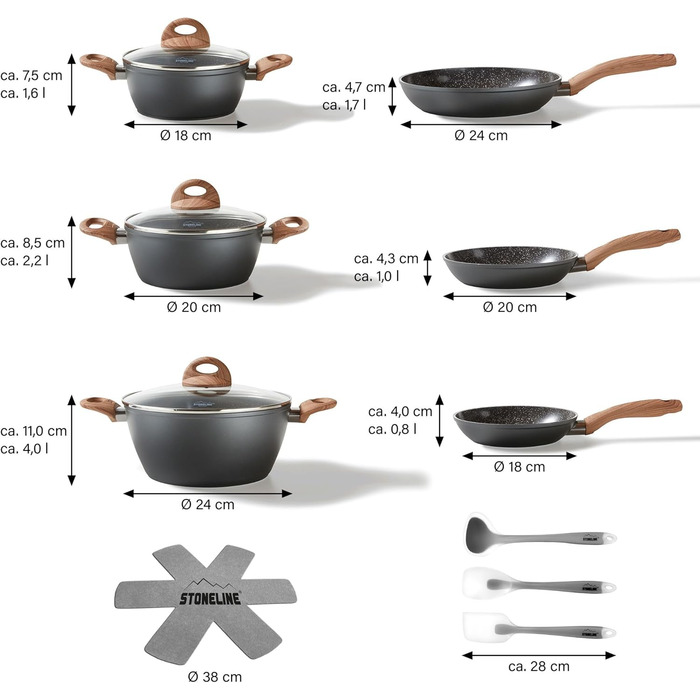 STONELINE Ceramic Cookware Set, 14-Piece, 18/20/24cm Pots and Pans, PFAS-Free, Cookware Set, Pan Set, Induction, Cookware Set with Lids, Ceramic Coating with Real Stone Particles, Wood-Look Handles, 14-Piece