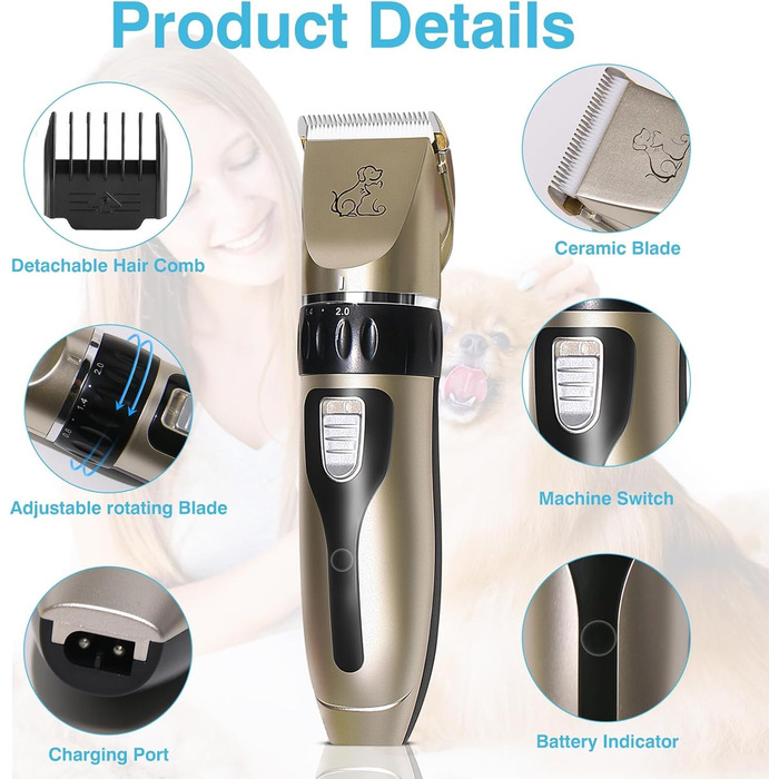 Машинка для стрижки собак, акумуляторна, бездротова, з 4 насадками, для собак, котів та всіх типів шерсті