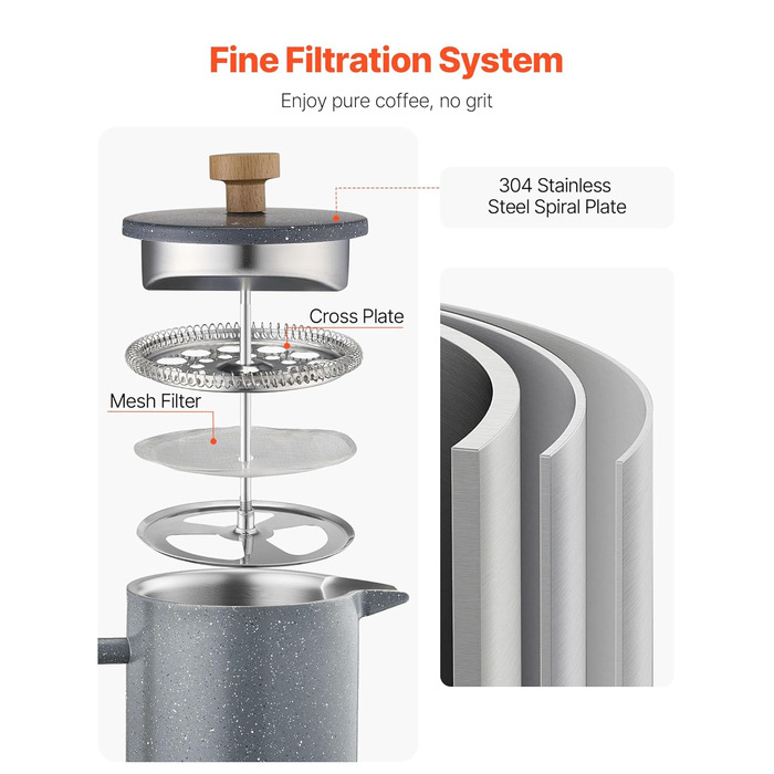 VEVOR Френч-прес для кави, 1 л, нержавіюча сталь, кавова преса, чайник з фільтром, ізольований, для кемпінгу, подорожей, кухні, ресторану, чорний