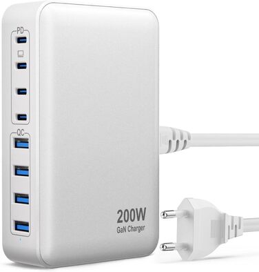 Зарядний пристрій USB-C 200W, 8 портів, GaN адаптер для MacBook Air/iPad/iPhone 15/16/Galaxy S23 - Білий