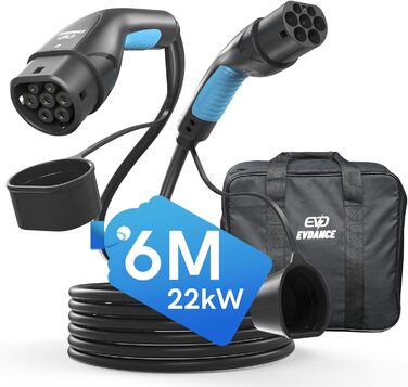 Кабель для зарядки електромобіля Тип 2, 16A, 3 фази, 11 кВт з сумкою, 6м. Сумісний з усіма електромобілями (22 кВт, 32A)