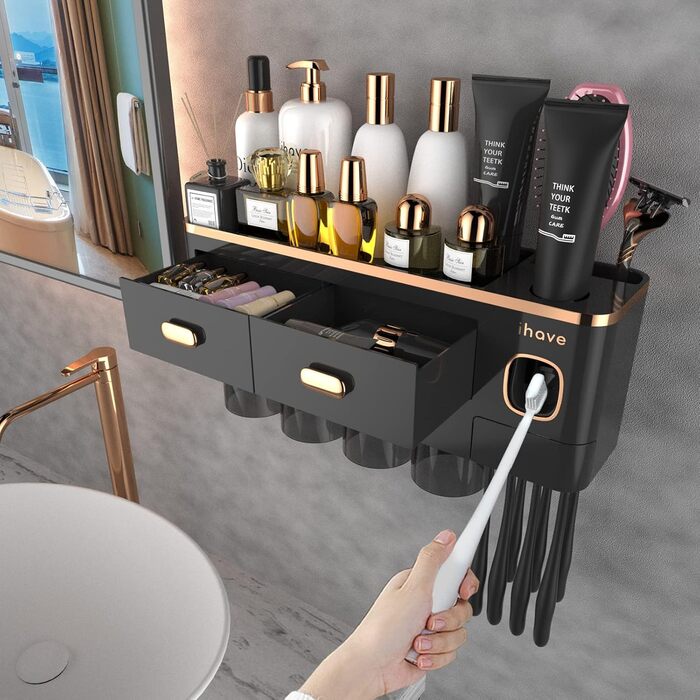 IHave Toothbrush Holder Wall-Mounted, Bathroom Toothbrush Holder with Toothpaste Dispenser, 3 Cup Toothbrush Holder with Drawer, Large Capacity Toothbrush Organizer Bathroom (4 Cups, Black Gold)