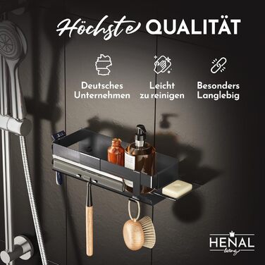 HENAL Shower Shelf Set 5 in 1, Matte Black Stainless Steel Shower Shelf (No Drilling Required), Shower Rack including Razor Holder, Squeegee Holder, Soap Dish & Hook, XXL Bathroom Organizer