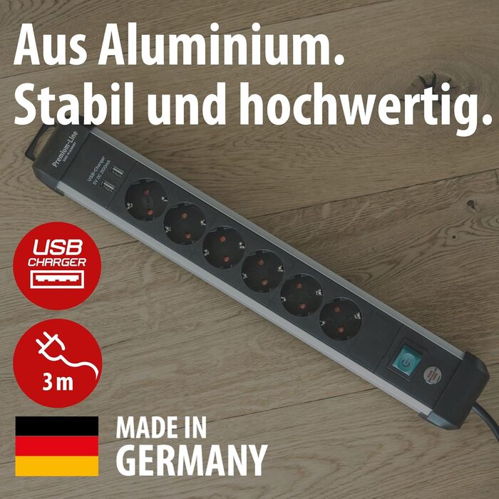 Мережевий фільтр Brennenstuhl Premium-Alu-Line на 6 розеток з USB (3.1A), 3м, алюмінієвий корпус, з вимикачем, Made in Germany