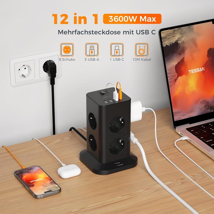 Багатофункціональна мережева розетка TESSAN з 8 розеток, 2 USB-C, захистом від перенапруги, вимикачем та кабелем 2м (3600W)