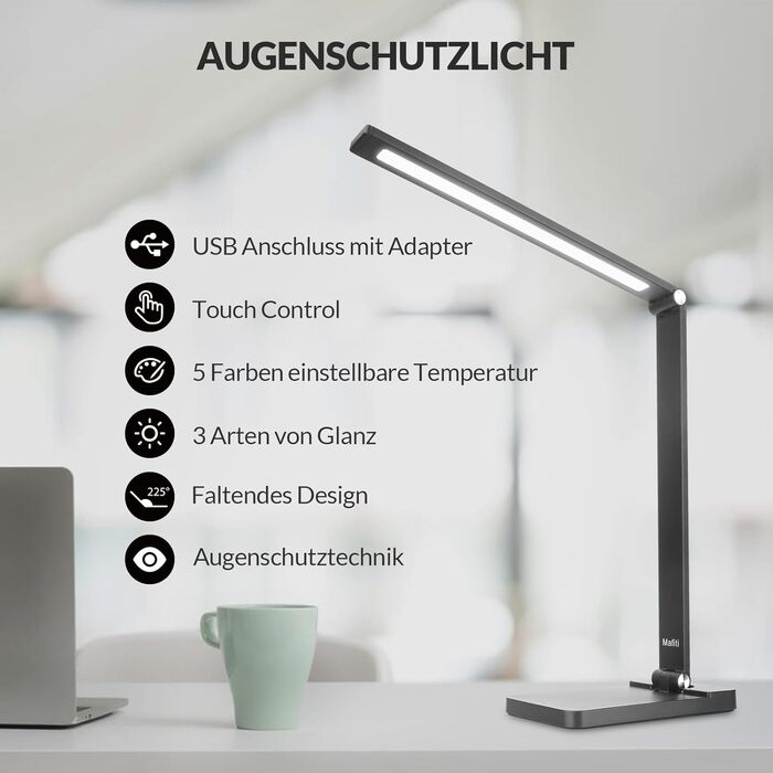 LED лампа настільна диммерна з USB, 5 кольорів та 3 рівні яскравості, для читання, дітей, офісу, чорна MT-856