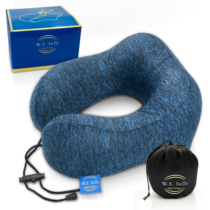 Подушка для шиї W.S. Sells з піною Memory Foam, комплект для подорожей (маска для сну, навушники, чохол), для літака, авто, пригод (темно-синій)