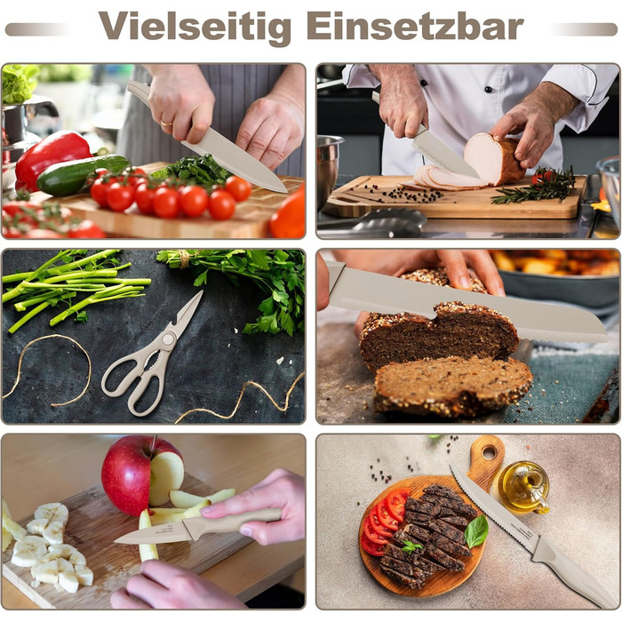 Набір ножів Joyfair 15 предметів з бруском, з високоякісної нержавіючої сталі, кухонний набір ножів для нарізки та подрібнення (Хакі)