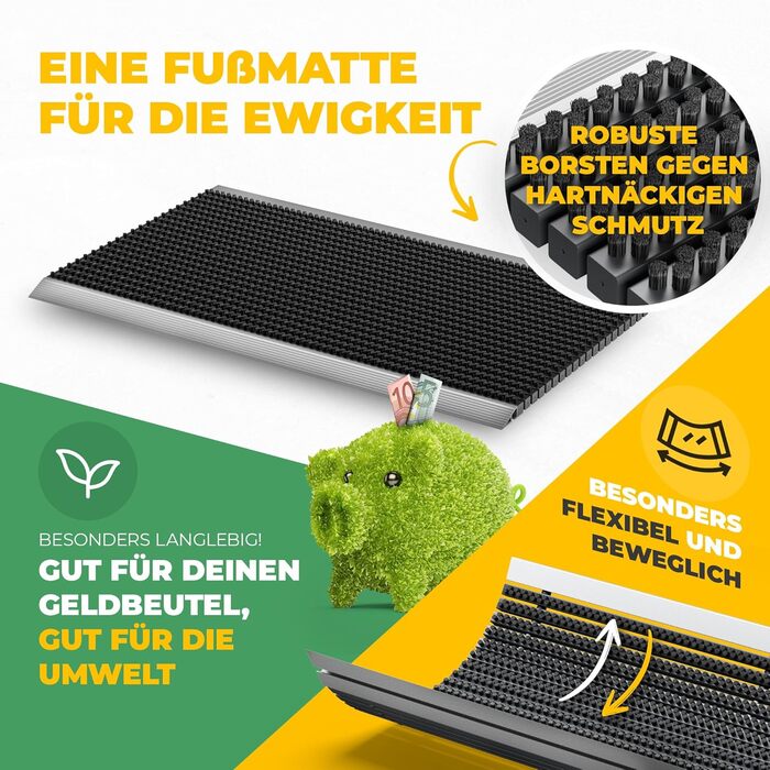 Килимок для порогу 40x60 см - алюміній, плоский, неслизький, для дому, тераси, вхідних дверей - килимок-сміттєзбирач з щітковим профілем, чорний