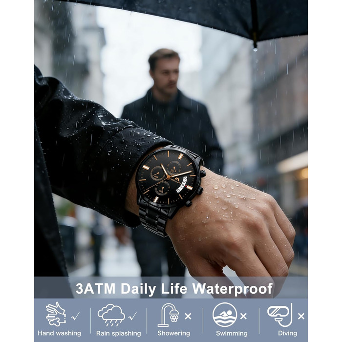 Чоловічий годинник MEGALITH з нержавіючої сталі, хронограф, водонепроникний: велике циферблат, дата, стильний подарунок для чоловіків. Сталь, чорний, рожеве золото