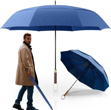 Logan & Barnes Stormproof Umbrella - 120cm Diameter, Wooden Handle - XXL Large Umbrella for 2 People - Chicago Model (Blue)
