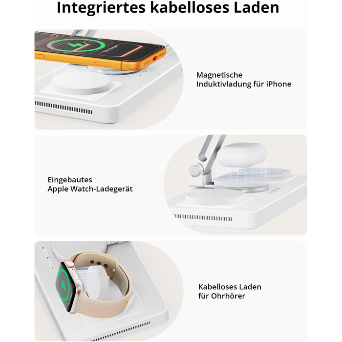 Зарядна станція Geekera 4-в-1 для Apple: кабель для iPad, магнітна бездротова зарядка iPhone Air/12-17, Apple Watch, AirPods (Металевий білий)