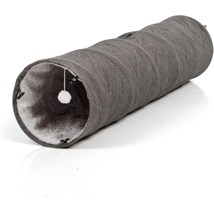 CanadianCat Company | XXL Cat Tunnel with Plush Fabric | gray | approx. 35 x 150 cm - Variable Shape, integrated cat toy