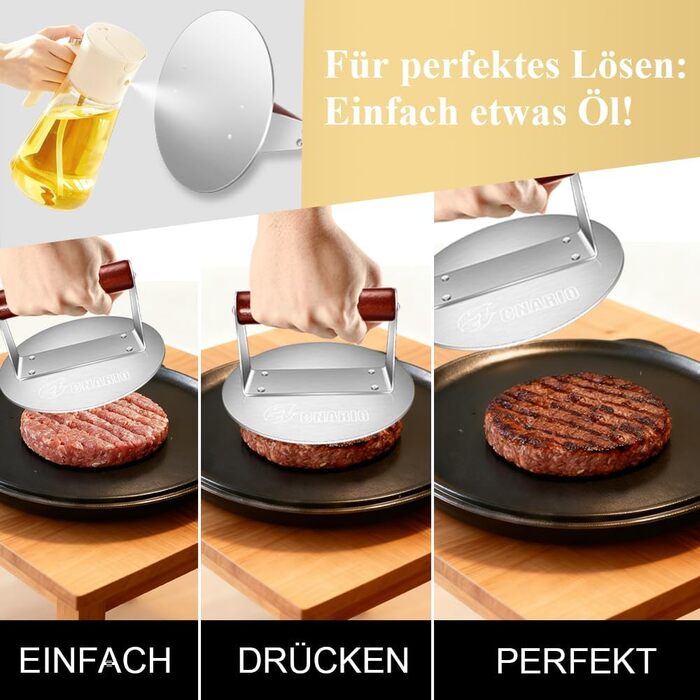 Професійна преса для smash burger CNARIO з нержавіючої сталі 16 см, пристрій для формування котлет з дерев'яною ручкою для гриля та BBQ