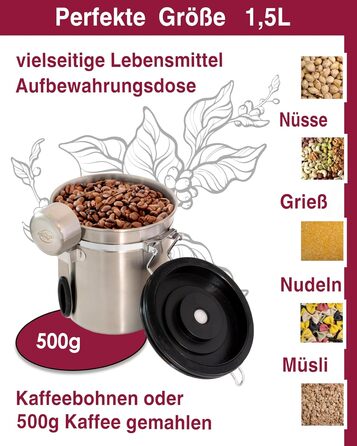 Контейнер для кави Kaffeedose 500г, нержавіюча сталь, 1,5л з дозатором та календарем, срібний