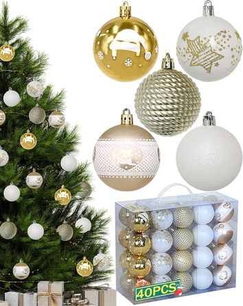 Набір 40 прикрас на ялинку, 6 см, червоно-білі, пластик, з підвісками, міцні, різні поверхні та візерунки, для внутрішнього та зовнішнього використання