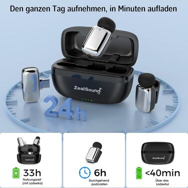 Мікрофон ZealSound Mini Wireless з USB-C/Lightning, для Android/iPhone, з шумозаглушенням, 33h акумулятор, 100м, для Vlogging, TikTok, Podcast, YouTube (M6 Чорний/Срібний)