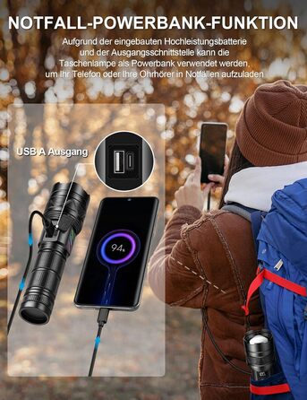 LED ліхтарик Esgreen 500000 люменів - тактичний, потужний, з USB-C, зумом, 5 режимів, для кемпінгу та безпеки