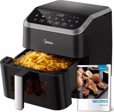 Midea Hot Air Fryer 5L Capacity, HeatXpress Technology 90% Less Oil, Energy and Time Savings with 7 Presets, Easy-View Window & Light, Non-Stick, Black