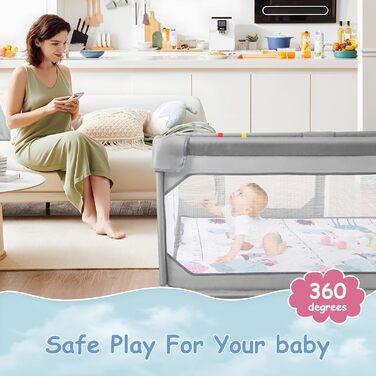 JINXIA Playpen Baby 190x150cm, Baby Safety Gate with Breathable Mesh and Mattress, Extra Large Playpen for Babies and Toddlers, Robust Safety Play Yard for Indoor Fun, XXL, Grey 190×150cm