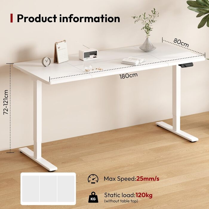 SANODESK Стол для роботи з регулюванням висоти 200x80 см з 2 моторами, стабільний електричний стоячий стіл, регулювання висоти з функцією пам'яті (чорний+), (180 x 80 см, білий)