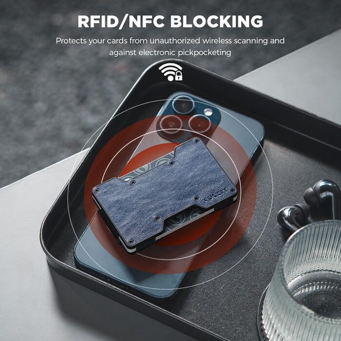 Кластинка для карт VULKIT з відділенням для грошей, чоловіча, металева, з AirTag, RFID захистом, тонкий дизайн, зелений (ретро шкіра, темно-синій)