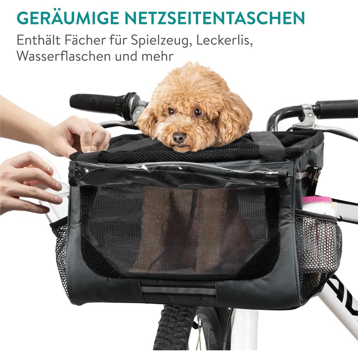 Корзина для собак Navaris на велосипед - сіра, до 10 кг, з додатковими кишенями